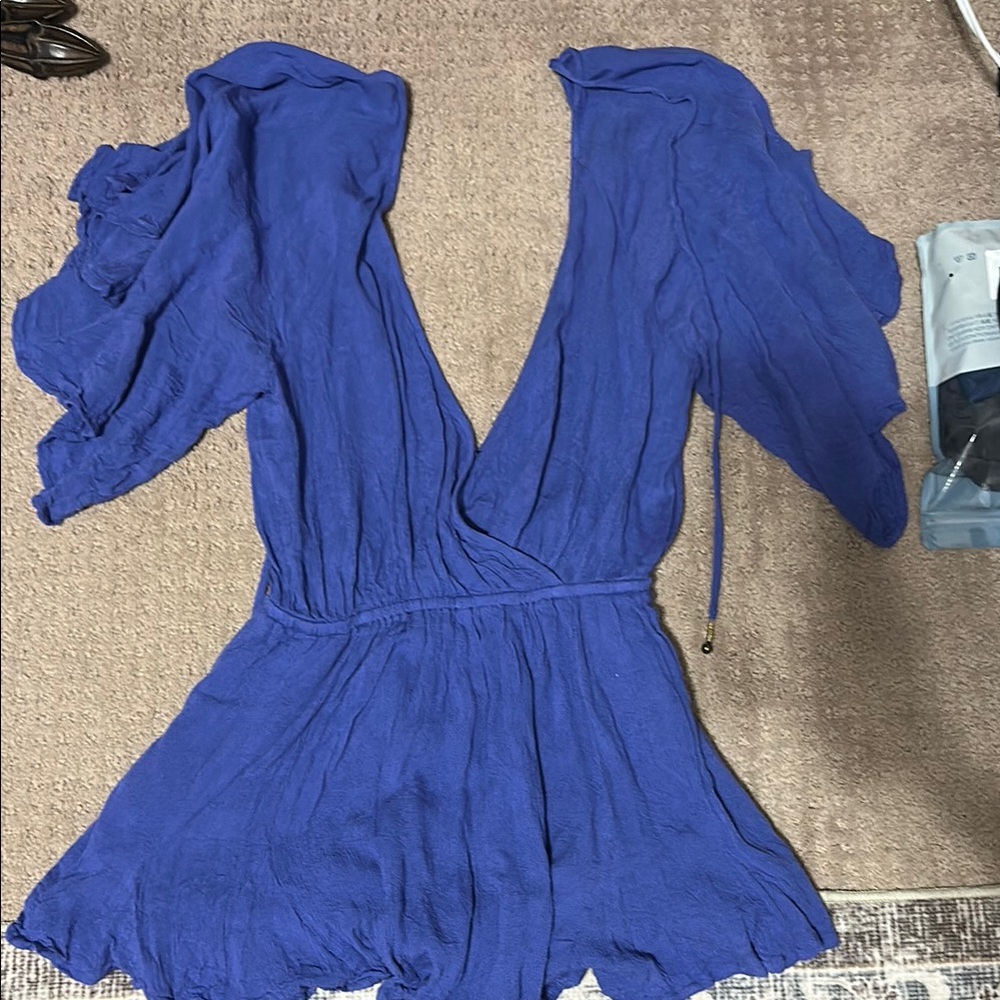 Blue Wrap Dress with Flutter Sleeves